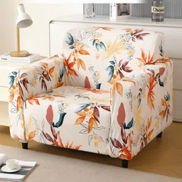 HOKIPO Peach-Coloured & Cream-Coloured Floral Printed Velvet 1 Seater Sofa Cover With Arms-picture-17