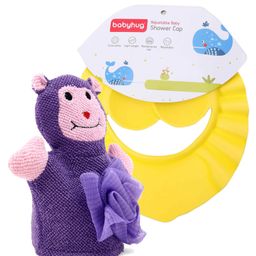 Set of 2 Combo - Babyhug Monkey Shape Bath Glove With Attached Loofah - Blue Babyhug Baby Shampoo Cap - Yellow-17
