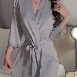 LULU & SKY Women V-Neck Baby Doll Nightdress Robe With Waist Tie-image-76