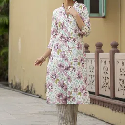 KALINI Women Floral Printed Angrakha Pure Cotton Kurta with Trousers-picture-31