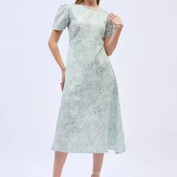 ANJIR Floral Printed Puff Sleeve Crepe A-Line Midi Dress-image-6