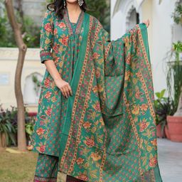 KALINI Women Floral Printed Empire Sequinned Pure Cotton Kurta with Trousers & With Dupatta-picture-39