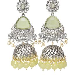 MEIRA JEWELLERY German Silver-Plated Stones Studded & Beaded Dome Shaped Jhumkas-picture-2