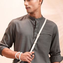 HIGHLANDER Men Band Collar Textured Cotton Casual Shirt-image-85