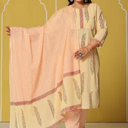 Yufta Plus Size Floral Printed Sequinned Pure Cotton Kurta With Trouser And Dupatta-0