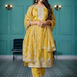 DIVASTRI Women Ethnic Motifs Embroidered Regular Sequinned Kurta with Trousers & With Dupatta-11
