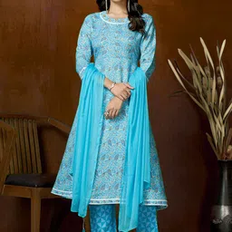 DIVASTRI Women Printed Regular Gotta Patti Pure Cotton Kurta with Trousers & Dupatta-image-9