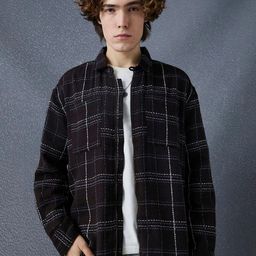 Voltedge Men Relaxed Fit Full Zip Street Look Textured Checked Fabric Shacket-image-24
