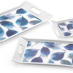 3 Nesting Size Blue Leaf Pattern White Decorative Tray Serving Set-24
