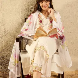Indo Era Women Floral Embroidered Regular Thread Work Kurta with Trousers & With Dupatta-22
