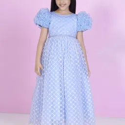 Ministitch Girls Embellished Sequined Puff Sleeve Net Fit and Flare Dress-picture-2