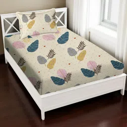 IVAZA Cream-Coloured & Green Floral 380 TC & 110GSM Single Bedsheet with 1 Pillow Cover-image-29