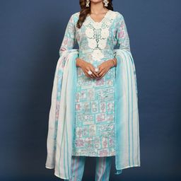 Anouk Blue Floral Printed V-Neck Pure Cotton Straight Kurta With Trousers & Dupatta-image-52