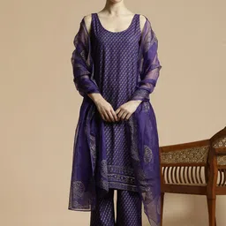 Anouk Purple Ethnic Motifs Printed Scoop Neck Thread Work Kurta with Trousers & Dupatta-39