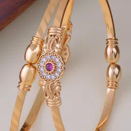 HHJEWELRY Set of 2 Brass-Plated Zircon Stone Studded Bangles-2