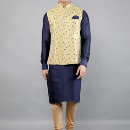 Manish Creations Mandarin Collar Jacquard Straight Kurta With Churidar And Nehru Jacket-image-54