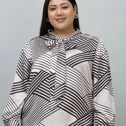 PURYS PLUS Women Plus Size Geometric Print Tie-Up Neck Satin Shirt Style Top-image-5