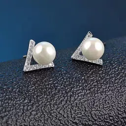 MADDY SPACE Silver-Plated Pearls Beaded Contemporary Shaped Korean Studs-12