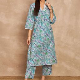 all about you Women Floral Printed Regular Pure Cotton Kurta with Trousers-36