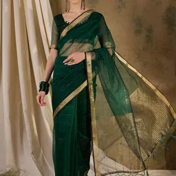 Blissta Striped Sequinned Organza Saree-image-88