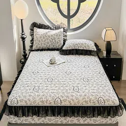JC HOME White & Black Floral 150 TC Fitted Double King Bedsheet Set 1.80 m x 2 m-picture-1
