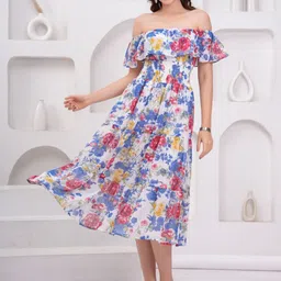 JC4U Women Off-Shoulder Flared Sleeve Smocked Detail Fit & Flare Tiered Midi Dress-image-28