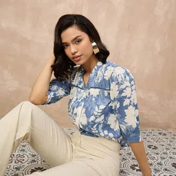 ANJIR Women Floral Printed Mandarin Collar Crepe Top-image-46