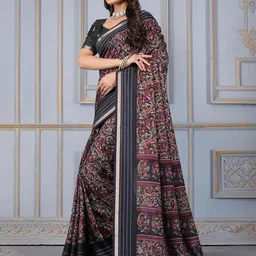 STAVA CREATION Ajrak Block Zari Silk Cotton Saree image 3