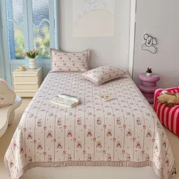 JC HOME Cream-Coloured & Pink Printed 162 TC Double Bed King Cover With Pillow Covers-image-29