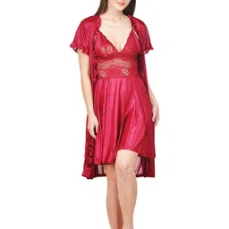 PHALIN Solid Satin Nighty and Robe Set - Maroon (Size - Free )-image-87