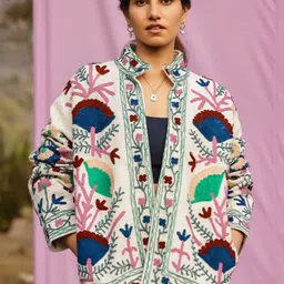 Gulaal Women Floral Lightweight Antimicrobial Open Front Jacket with Embroidered-image-86