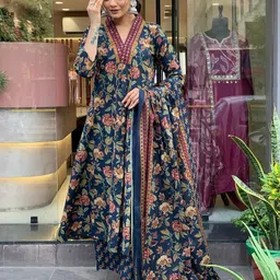 Hujum Floral Printed Mirror Work Pure Cotton Anarkali Kurta With Palazzo And Dupatta-11