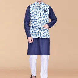 PRINTINDIA Mandarin Collar Pure Cotton Straight Kurta with Trouser & Nehru Jacket-image-109
