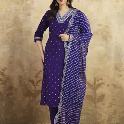 KALINI Thread Work V-Neck Straight Kurta With Trousers And Dupatta-picture-2