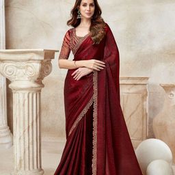 SHOPPKEE Maroon Poly Georgette Embroidered Sarees-image-88
