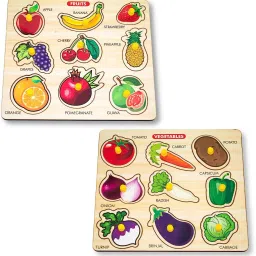 Wooden Fruits & Vegetables Name Matching Peg Puzzle Board Learning Toys PackOf2-22