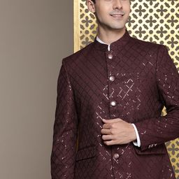 House of Pataudi Jashn Mandarin Collar Textured Sequinned Bandhgala Blazer-picture-55