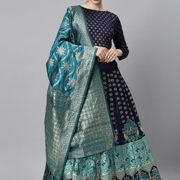 DIVASTRI Blue & Green Woven Design Lehenga Choli-39