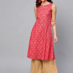 anayna Women Pink & Golden Printed A-Line Kurta-30
