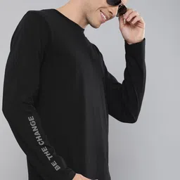 HERENOW Men Black Solid Round Neck Pure Cotton T-shirt with Printed Detail-image-17
