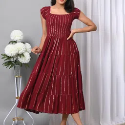 IQRAAR Women Square Neck Fit & Flared Midi Dress-image-39