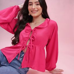 DressBerry Shirt Collar Cinched Waist Raglan Sleeves Top with Tie-Up Detail-image-59
