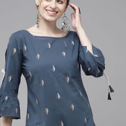 Indo Era Women Navy Blue Printed Bell Sleeves Kurta-image-65