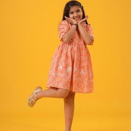 Sangria Girls Floral Printed Gathered or Pleated A-Line Knee Length Dress-image-4
