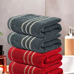 Kuber Industries Red & Grey 4 Pieces Striped Cotton 450 GSM Bath Towel-37
