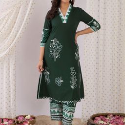 Indo Era Women Floral Printed Regular Pure Cotton Kurta with Trousers-image-94
