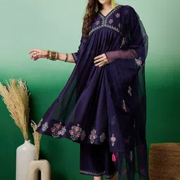 Sangria Embroidered V Neck A-Line Kurta & Trouser With Dupatta-50