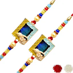 MEIRA JEWELLERY Set Of 2 Morpankh Bal Hanumnaji Rakhis With Greeting Card & Roli Chawal-image-2