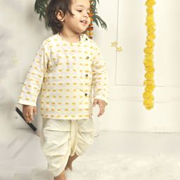 Polka Tots Full Sleeves Elephant Printed Angarkha Kurta With Solid Dhoti - Cream-image-61