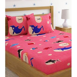 HOSTA HOMES 280 GSM Glaced Cotton Double Size Bedsheet With 2 Pillow Covers Whale Print - Multicolor-image-66